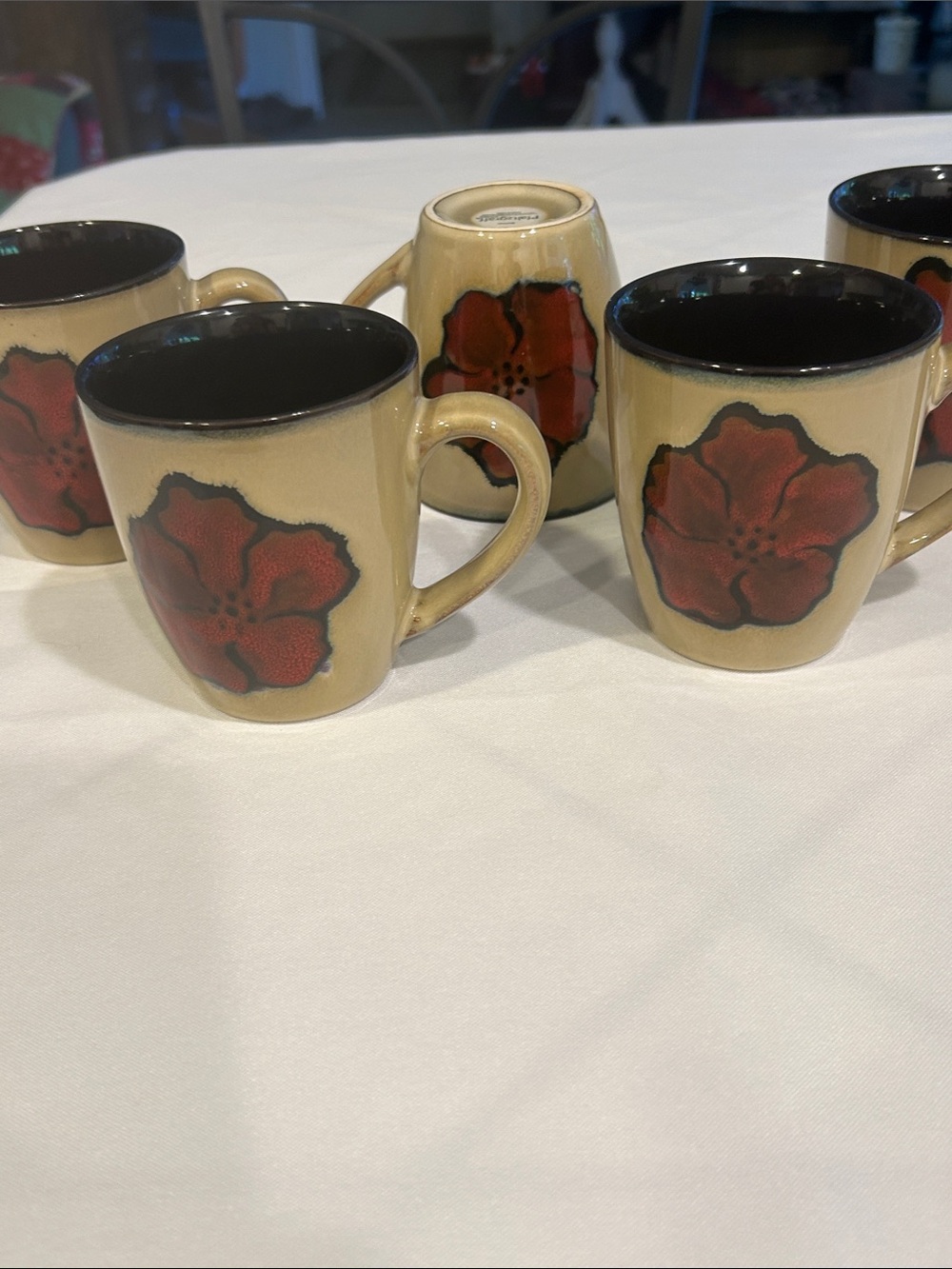 Pfaltzgraff Ceramic Floral Coffee Mugs Set - Beige with Red Flower (Set of 5) - Picture 9 of 9